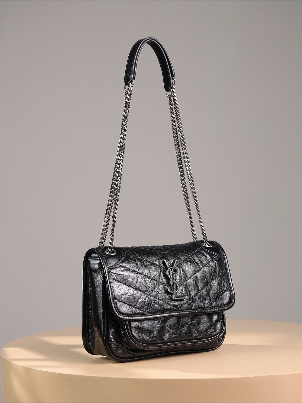 Saint Lauren Designer Black Quilted Leather Shoulder Bag with Chain Strap